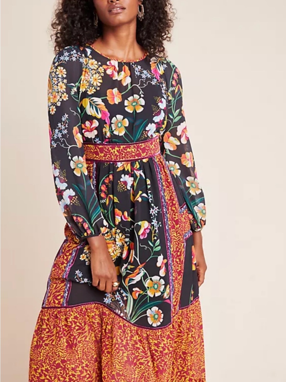 Anthropologie Vibrant Botanical Boho Floral Print Midi Dress